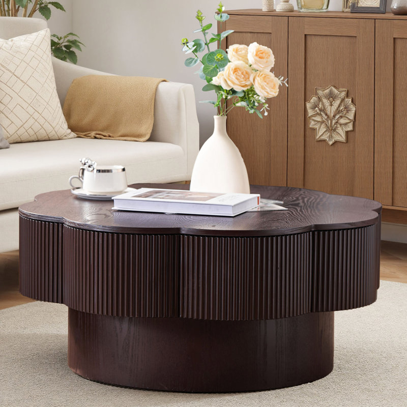 Table basse 31,50 "en forme de fleur moderne, table basse en forme de fleur de prunier avec rangement, Marron foncé
