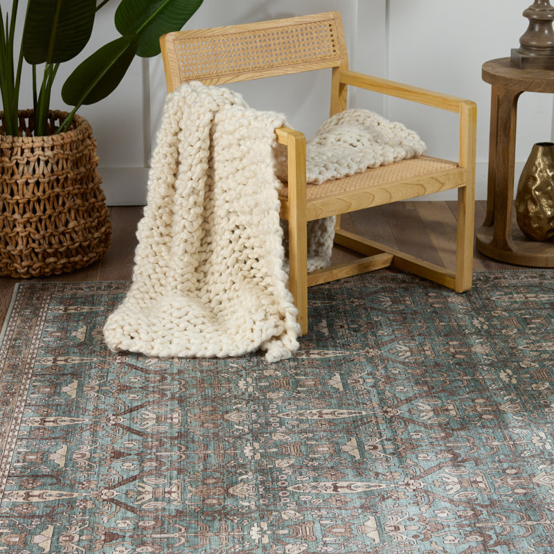 Ivory and Green Rectangular Polyester Area Rug, 9' x 12'