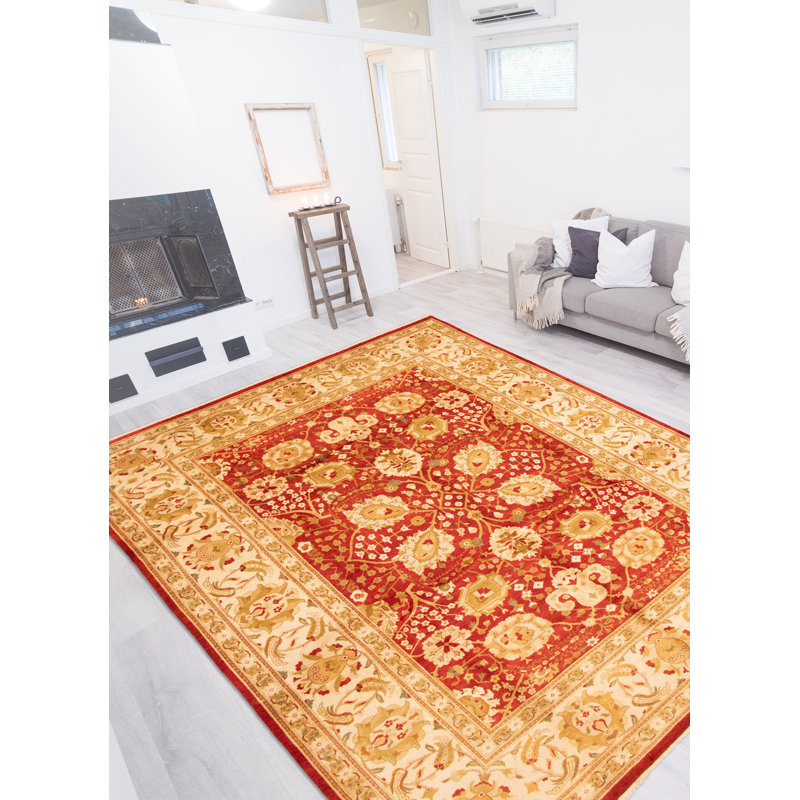 Tapis rouge en laine nouée à la main de conception unique 10 pi x 13 pi 9 po New Age