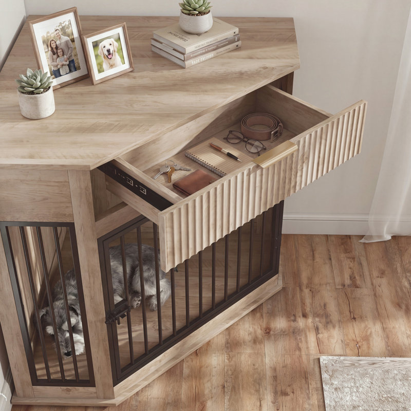 Table d'appoint en coin avec rangement pour cage pour chien et tiroir cannelé