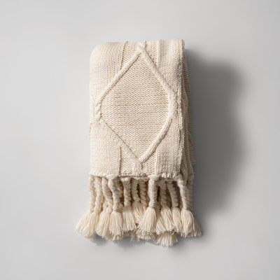 Ivory Chunky Cable Knit Throw with Diamond Lattice Pattern and Tassel Fringe, Soft Cozy Woven Accent Blanket, 47" x 59"