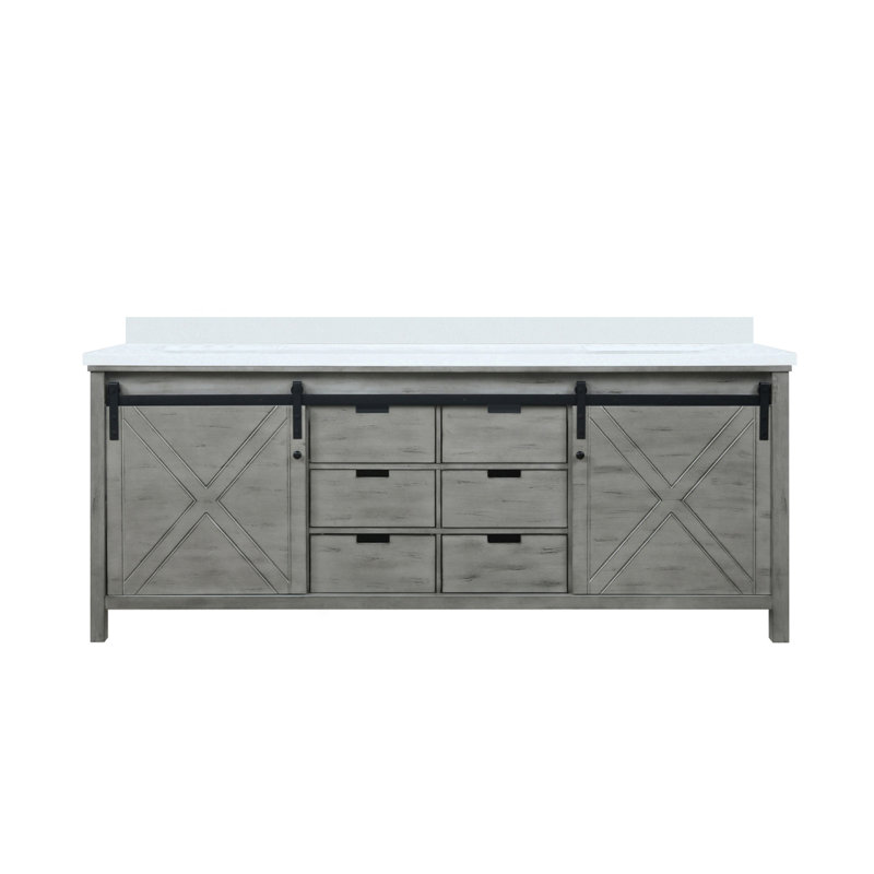 Meuble-lavabo double gris cendre 84 po X P 22 po D, avec comptoir en marbre de culture, Bois de frêne gris, 84"