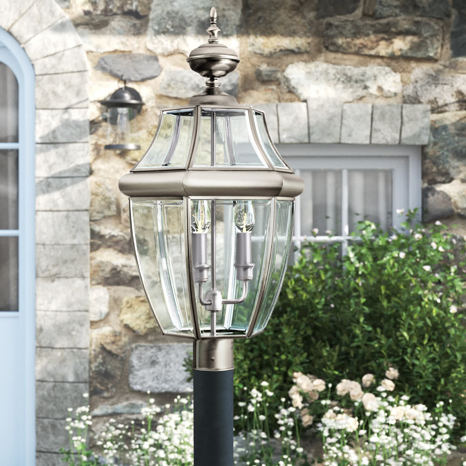 Beveled Metal Outdoor Lantern Head, Antique Brushed Nickel, No