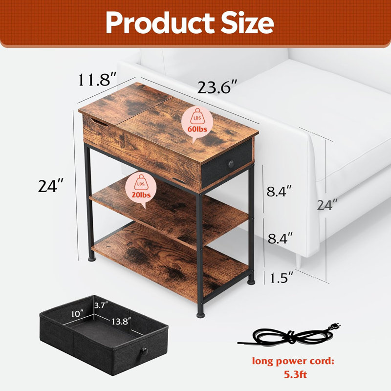 Narrow Side Table With Charging Station, End Table, Couch Table With Fabric Drawer For  For Living Room, Bedroon