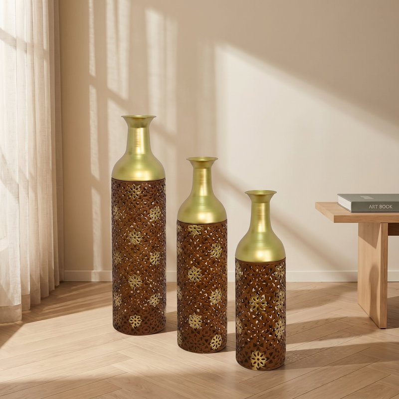 Ensemble de 3 vases de sol en métal ajouré, grands vases cylindriques bruns à col doré pour salon