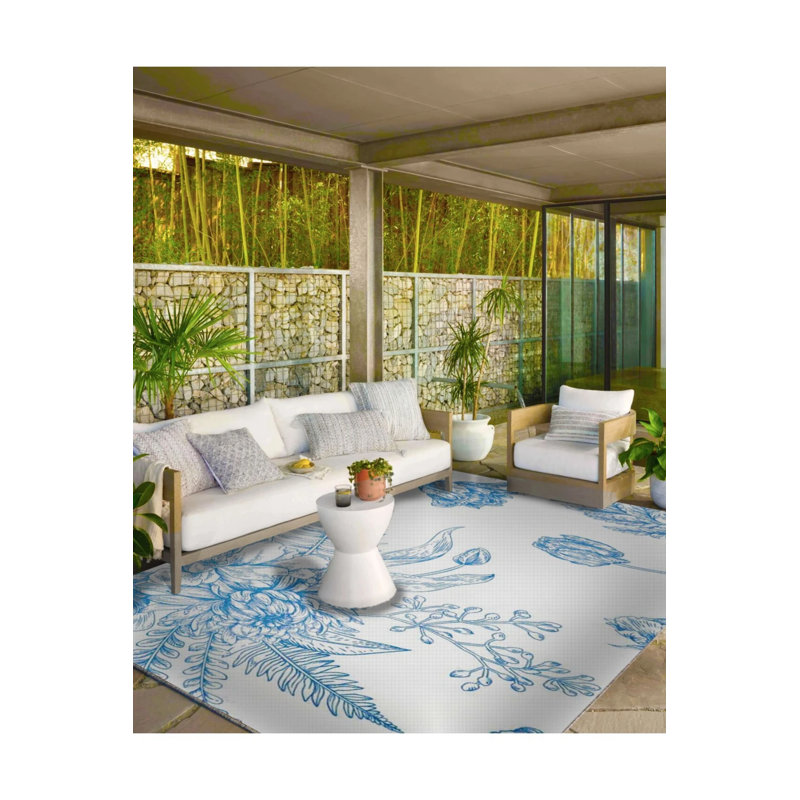 White Themed Blue Floral Striped Patterned Woven Base Carpet And Washable Carpet, Rectangle 2'4" x 4'