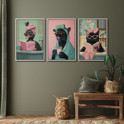Funny Animal Spa Canvas Print Wall Art Set of 3 - Quirky Black Cat Bathroom Decor for Powder Room or Vanity Area