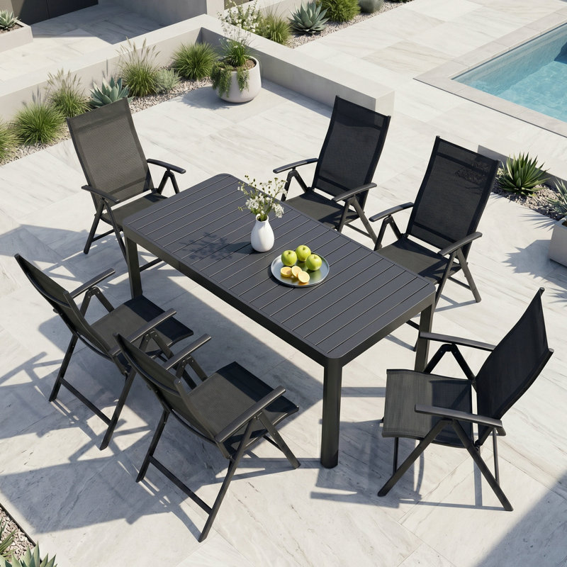 Ensemble de salle à manger d'extérieur extensible pour 6 personnes avec table en aluminium et chaises pliantes inclinables