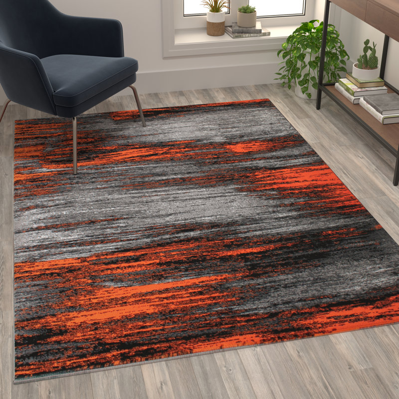 Tapis décoratif orange et gris à motif abstrait Alexavior, Rectangle 5 pi x 7 pi