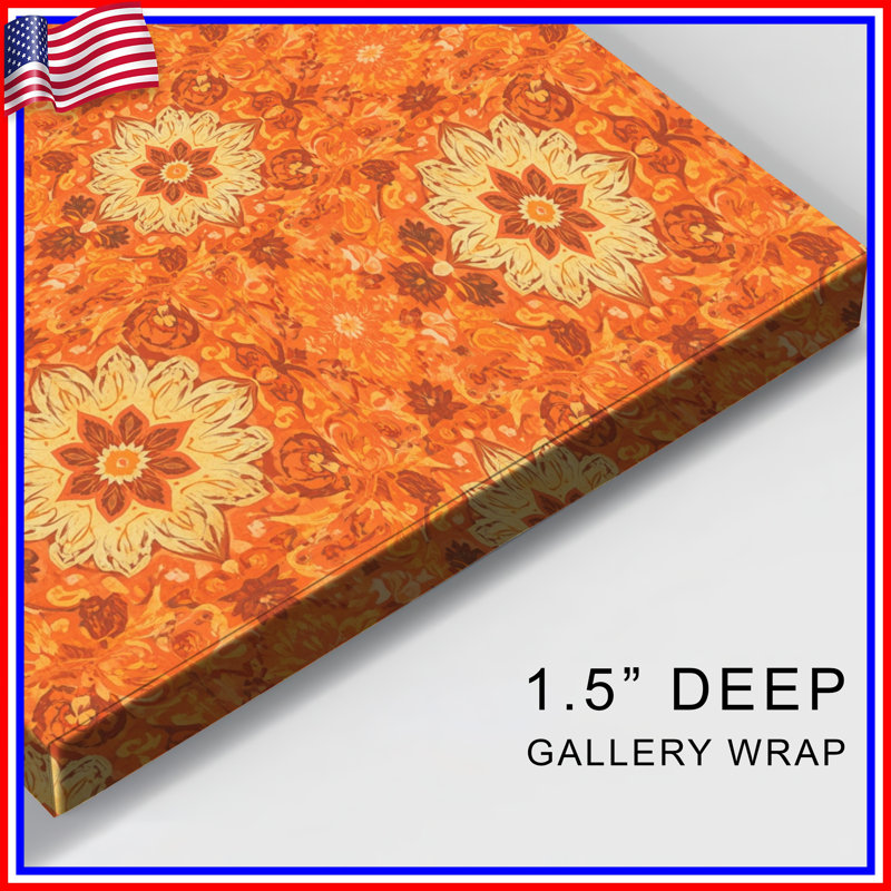 Toile de galerie orange mandala floral tendue dans de nombreuses tailles, 16 x 16 pouces
