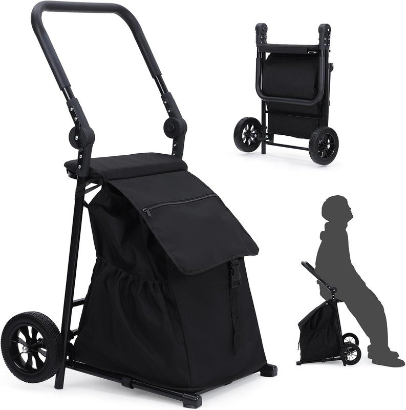 2 in 1 Foldable Shopping Cart, Grocery Cart with Seat, 2 Wheels Grocery Cart with 123 L Large Capacity Waterproof Bag