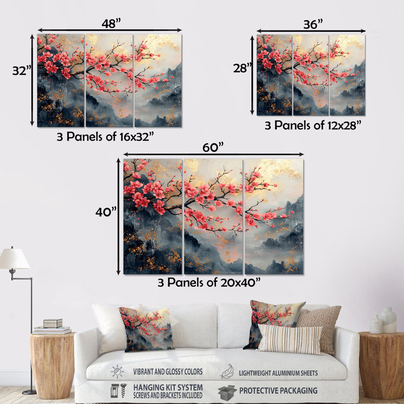 Rose, bleu, cerisier en fleurs, branche en Chine - ensemble d'art mural fleur de cerisier, H 28 po x l 36 po x P 1 po