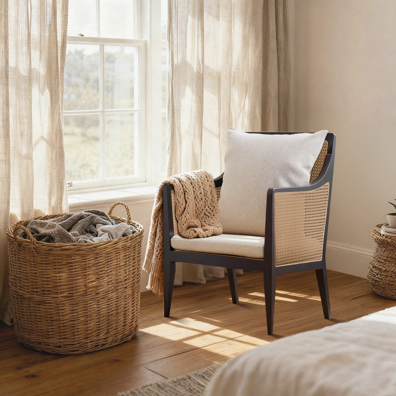24'' Upholstered Accent Chair With Wooden Legs And Rattan Arms,Mid-Century Armchair for a Bedroom or Living Room, Black