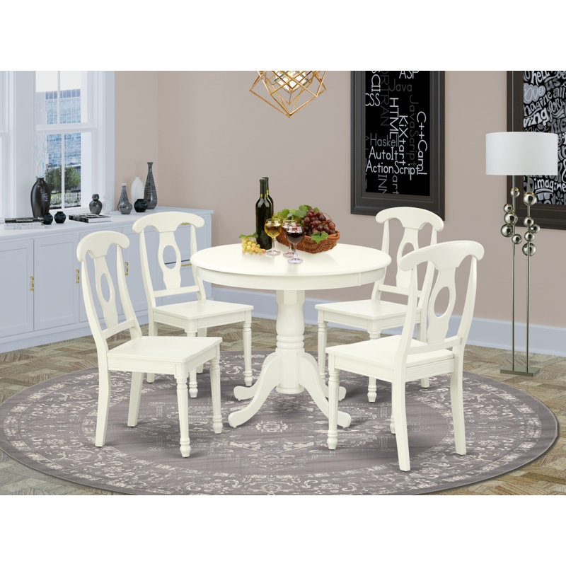 Ensemble de coin repas 5 pièces pour 4 personnes comprenant une table de cuisine ronde avec piédestal et 4 chaises de salle à manger, lin blanc