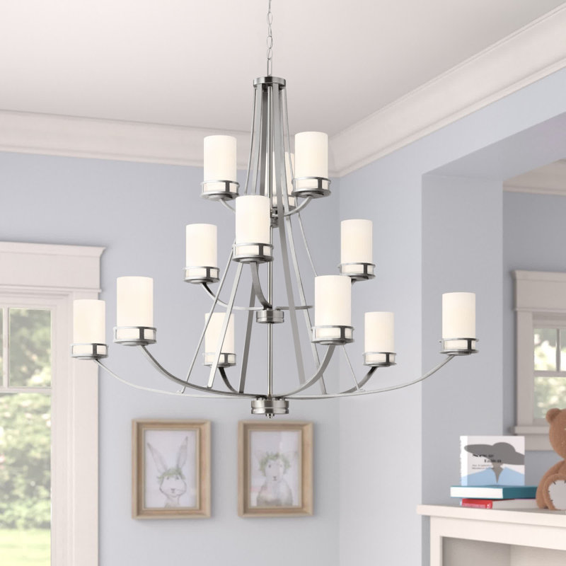 Lustre gradué en métal à 12 lumières avec abat-jour en verre Essence, Non, Nickel brossé, Pas Energy Star