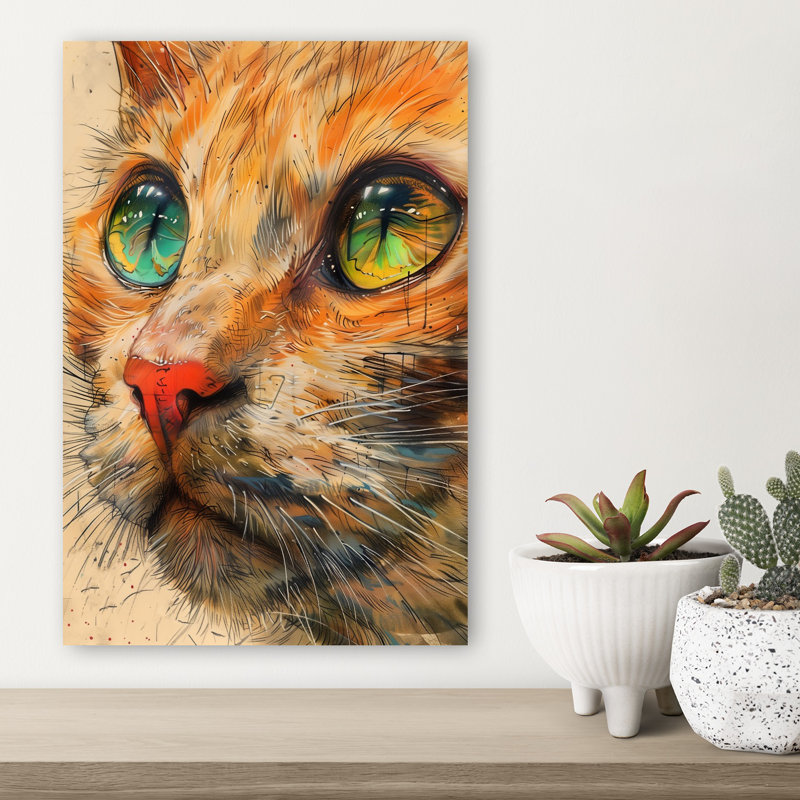 «Vibrant Orange Cat Gaze», art mural moderne, H 18 po x l 12 po