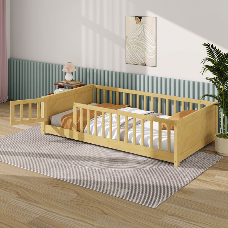 Lit plateforme simple avec rangement pour livres et garde-corps, structure en bois d'hévéa avec porte, lit Montessori en bois