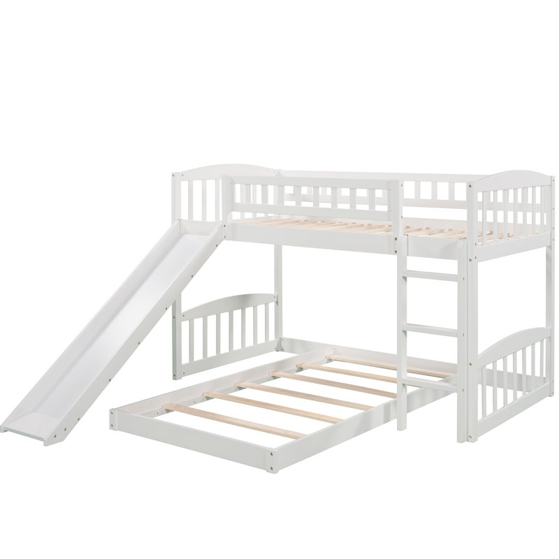 Lit simple au-dessus d'un lit superposé en blanc, livré avec glissade et réversible - côté, planche de pin massif, option d'économie d'espace pour les chambres à coucher, caractéristiques de style gris, 18 lattes de support
