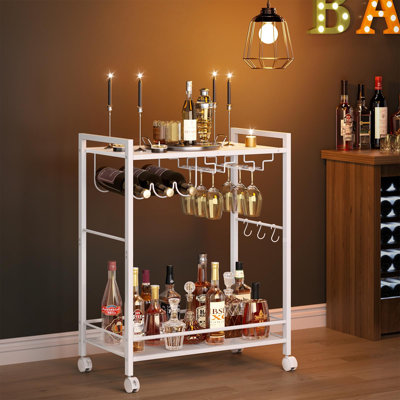 Bar Cart, Home Bar Serving Cart with 2-Tier Shelf,Rolling Beverage Cart with Wheels,Mobile Kitchen Shelf,Modern Wine Drink Cart with Wine Rack and Glass Holder for Kitchen,Dinning Room