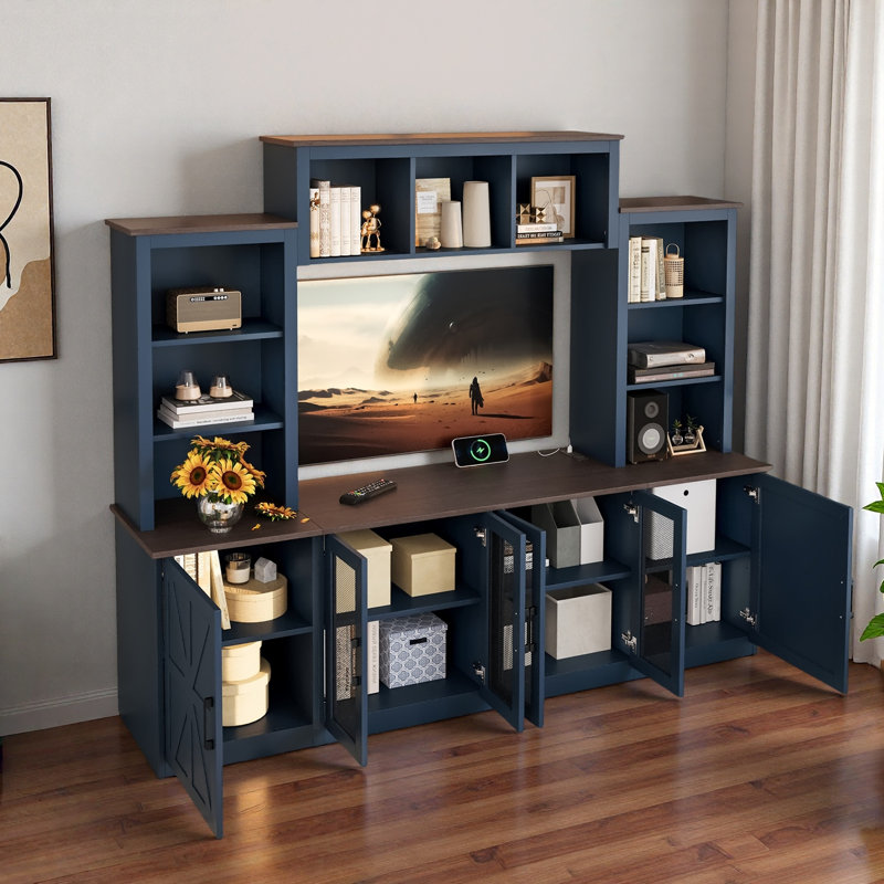 Wall Unit Entertainment Center Tv Stand With Charging Station, Large Storage Cabinet And Open Shelves, Blue