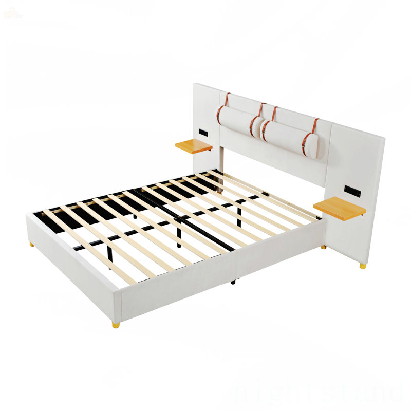 Queen Upholstered Platform Bed, Beige