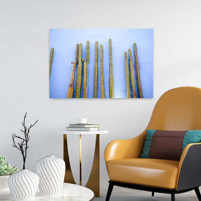 Tall Cacti on Blue | Oaxaca Mexico Travel Colorful Abstract Contemporary Cactus City Landscape Wall Art Print 1 Piece Wrapped Canvas Wall Art