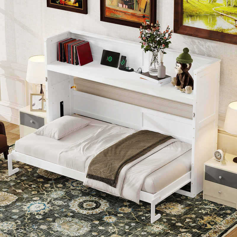 Lit escamotable simple TG de taille moderne avec bureau d'étude intégré, éclairage DEL et station de charge USB, blanc