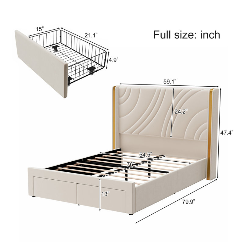 Structure de lit moderne tapissier à DEL avec tiroirs de rangement, Beige, Complète