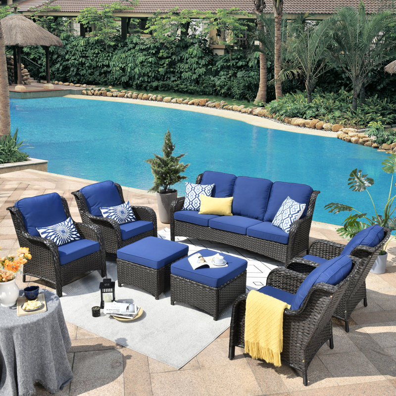 Wicker/Rattan 7 - Person Seating Group With Cushions, Navy Cushion/Brown Frame