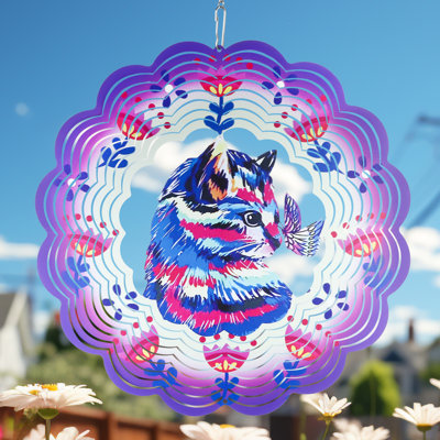 Hunayda Purple Cat Wind Spinner Mandala 3D Stainless Steel Laser Cut Metal Art Pattern Hanging Wind Spinner,Mother's Day Gift