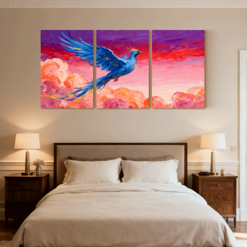 Oiseaux oiseaux bleus qui volent au-dessus de nuages colorés, ensemble de 3 impressions sur toile, H 24 po x l 48 po