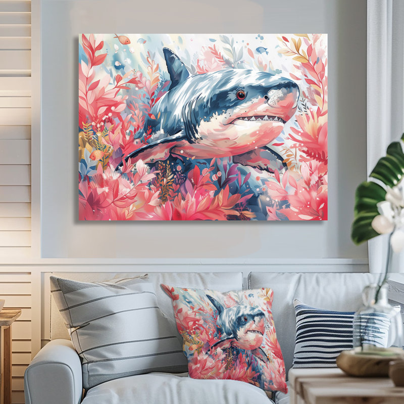 Aquarelle de requin rose gris et chasse II - grand requin, art mural, Toile tendue, H 34 po x l 44 po
