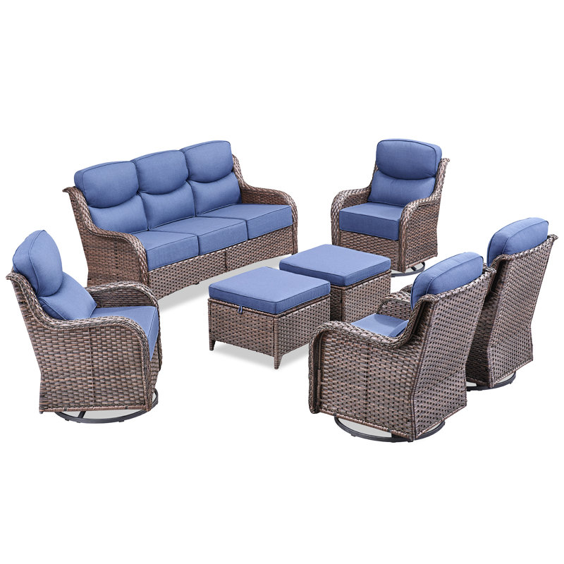 Meriline 7-Piece Outdoor Wicker Patio Conversation Set With 4 Swivel Gliders And Ottomans, 7 Pcs: Sofa, 4 Chairs, 2 Ottomans