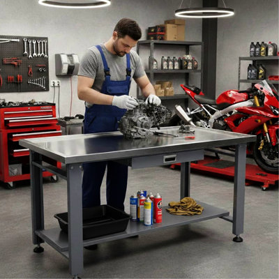 59" Heavy Duty Machine Table, Smooth Stainless Steel Top, Drain Hole For Fluid Draining, 33" Deep Workspace, Drawer Parts, Shelf Liquid Containers 59-inch Disassembly Table With Hole, Build, Wide