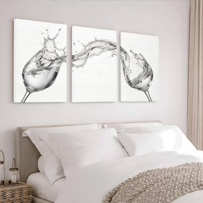 «Water Splash», verre de vin, toile tendue sur toile, ensemble de 3 reproductions d'art