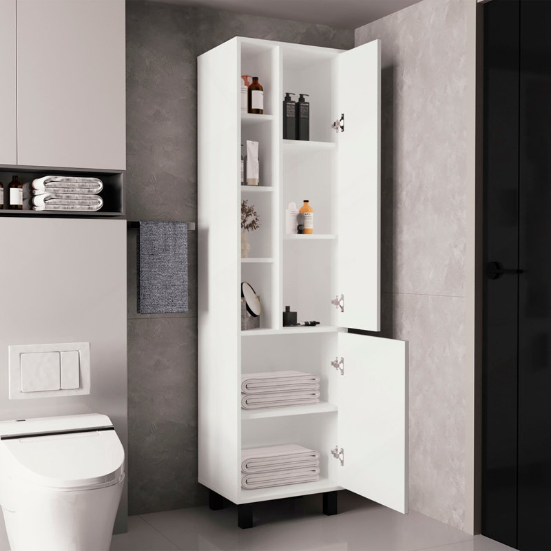 Armoire de rangement haute Stanton avec deux portes et trois tablettes ouvertes, blanc