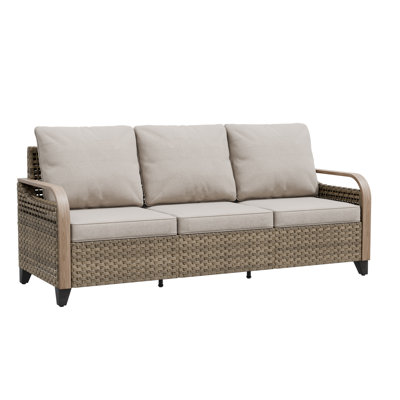 Outdoor Patio Brown Wicker Wood Grain Armrest Dining 3-Seat Sofa with Cushion