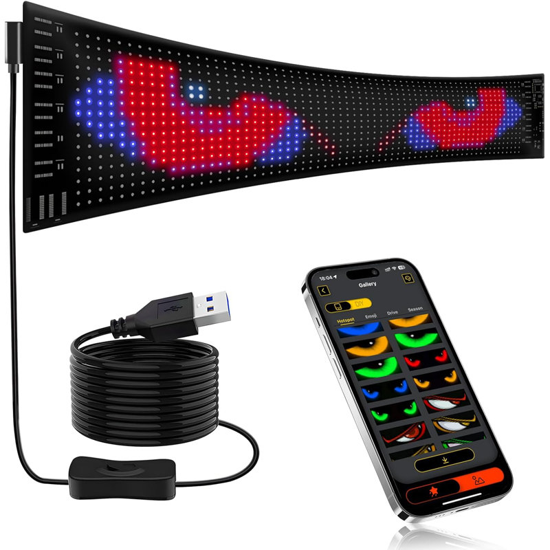 Car Devil's Eye for Trucks - 14.72"x3.62" USB-Powered Animated LED Matrix Panel with Bluetooth App Control, Customizable Text & Patterns for Vehicles, Stores, Events, and More