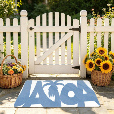 Tapis de porte à motif de feuilles de palmier 24 po x 36 po Jaoa, bleu et blanc