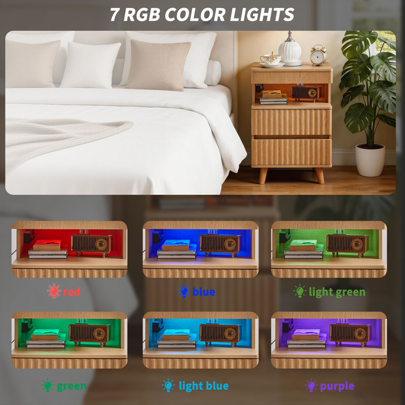 Wood Nightstand with LED Lighting, Hidden Storage Drawer and Built-In Charging Station, Natural Oak