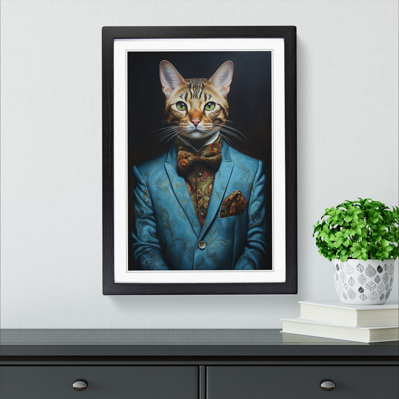 Bengal Cat in a Suit Painting - Framed Print, Black Framed, 46cm H x 34cm W