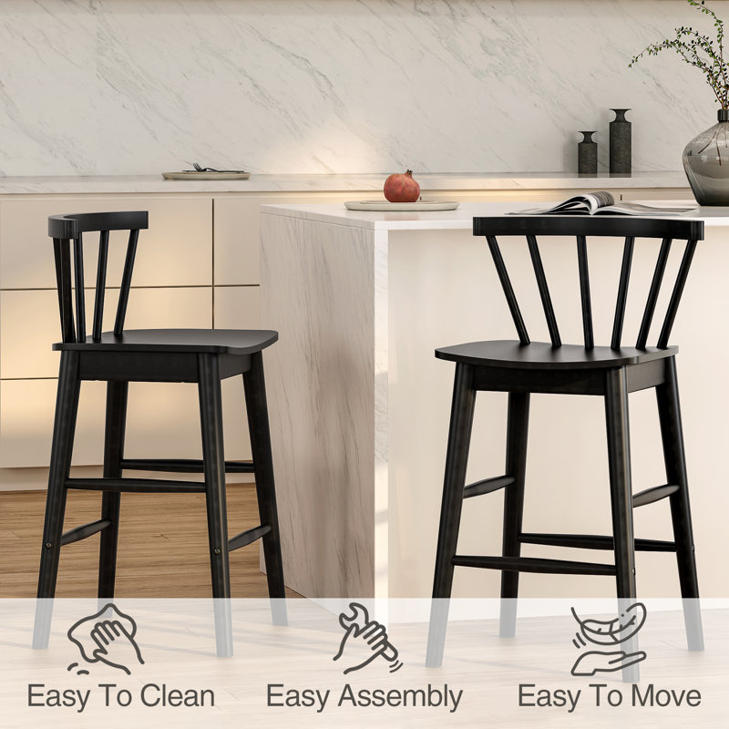 Tabouret de comptoir moderne en bois massif de 24 po, tabourets pour îlot de cuisine avec dossier, Noir, 6