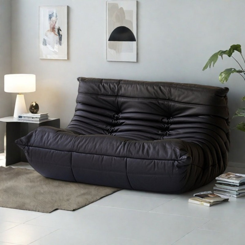 Canapé à billes rétro minimaliste, Similicuir noir, H 27,55 po x l 51,96 po x P 40,55 po