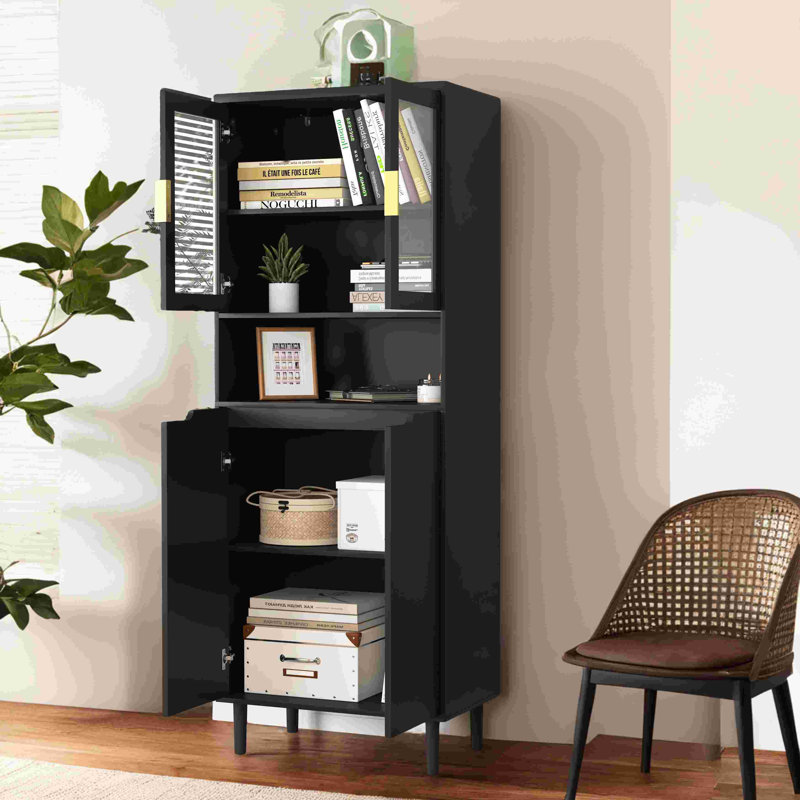 Tall Storage Show Cabinet with 2 Glass Display Door & 2 Doors, Black