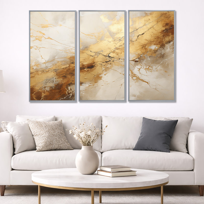 «Beige and Gold Marble Lightning I», ensemble d'art mural sur toile à formes abstraites, H 40 po x l 60 po x P 1 po