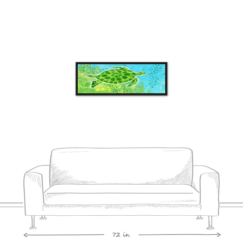 Tortue de mer brillante sur toile, H 13,75 po x l 37,75 po x P 1,75 po, Cadre flottant noir