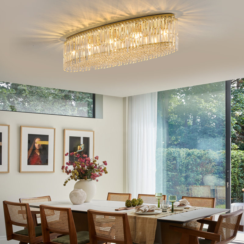 Lustre encastré ovale en cristal de 40 po, plafonnier plaqué or avec cristaux K9, luminaire E12 à 8 lumières pour la cuisine, la salle à manger ou le salon