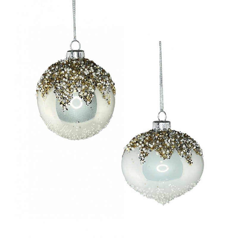 Set Of 2 Assorted Jeweled Look On White Glass Ornaments
