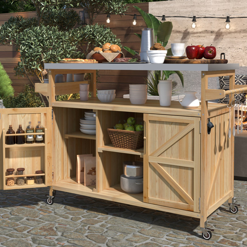 Style Bar Cart - 4 S-Hook Hangers & Internal Shelves Luxury Outdoor Kitchen Island Magnetic Door Holder, Natural