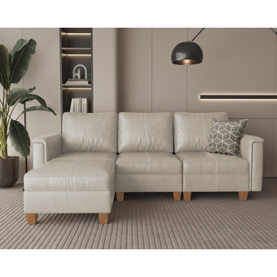 91" Modular Faux Leather Sectional Sofa With Storage Ottoman, Mid-Century Modern Reversible L-Shaped Couch With Padded Armrests, Beige